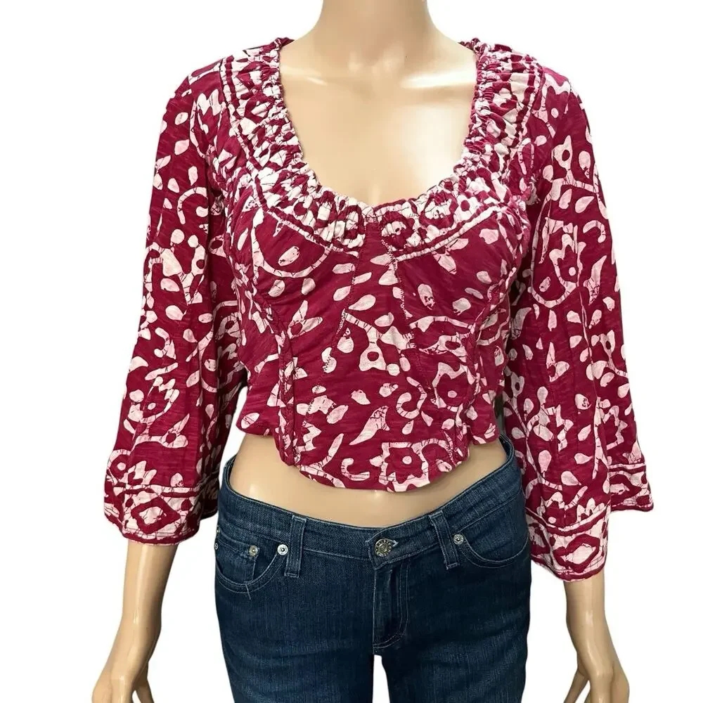 Free People On The Block Batik Print Top XS Bell Sleeve Cropped Boho Berry Combo